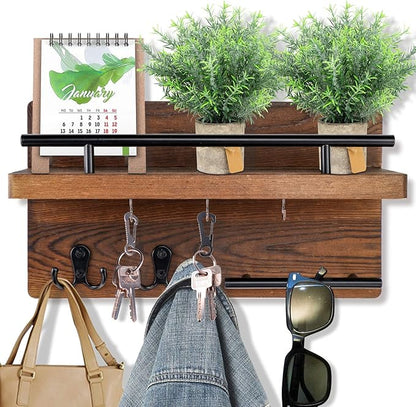 OurWarm Wall Mounted Key Holder/Hangers for Wall Decorative with 5 Key Hooks, Wooden Mail Rack Organizer with Shelf, Rustic Home Decor for Entryway Mudroom Hallway Office, Brown