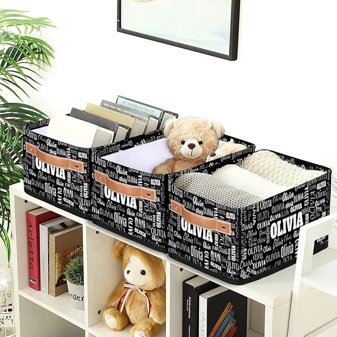 Custom Storage Baskets for Decor with Name, Small Organizer Collapsible Storage Bin with Leather Handle, Toilet Tank, Towel Storage, Entryway, Black