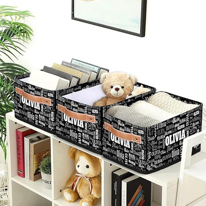 Custom Storage Baskets for Decor with Name, Small Organizer Collapsible Storage Bin with Leather Handle, Toilet Tank, Towel Storage, Entryway, Black