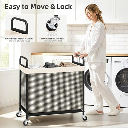 STORAGE MANIAC Rolling Laundry Hamper with Wheels 3-Section Laundry Sorter Rolling Laundrys Basket on Wheels with Removable Bag Clothes Hamper Laundrys Organizer Cart Bathroom Bedroom 120L Beige