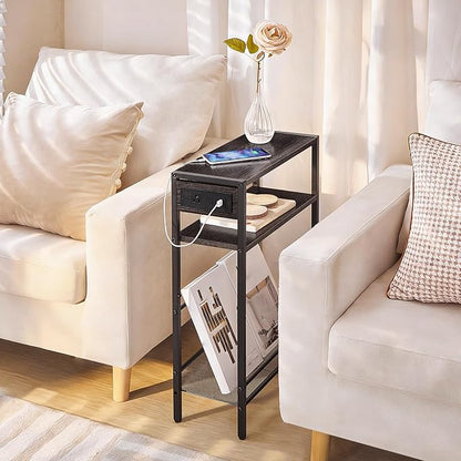 HOOBRO Small Narrow Side Table with Charging Station, Skinny End Table for Small Spaces, Slim Nightstand with USB Ports Outlet, Sofa Beside Table with Storage Shelf,Black and Charcoal Black BC102UBZ01