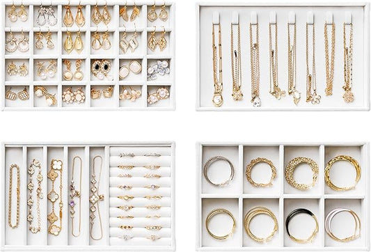 Velvet Jewelry Drawer Organizer Trays – White Stackable Jewelry Storage Inserts Set, 4-Layer Jewelry Tray Set for Earrings, Rings, Necklaces, Bracelets with Removable Dividers for Dresser & Vanity