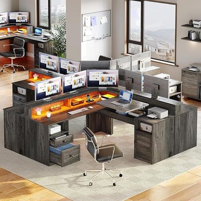 YITAHOME L Shaped Desk with Power Outlets & LED Lights, 60" Corner Computer Desk with Drawers & Lift Top, Home Office Desk with Monitor Stand & File Cabinet, Wood Height Adjustable Desk, Grey