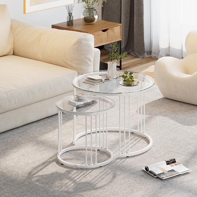 Garden 4 you Nesting Coffee Table, 23.6" Round Coffee Table Set of 2, Glass Nesting Table with Metal Frame, Ceter Tables for Living Room Bedroom Balcony, White