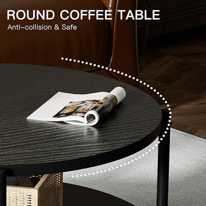 27.5x27.5x17.7in Round Coffee Table with 2 Tiers - Black Modern Coffee Table for Living Room, Small Space Friendly (Sturdy Metal Frame, Easy Assembly)