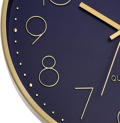 Foxtop Modern Wall Clock 12 Inch Silent Non-Ticking Battery Operated Round Quartz Gold Wall Clock for Living Room Bedroom Kitchen Office Classroom Decor (Dark Blue Dial)