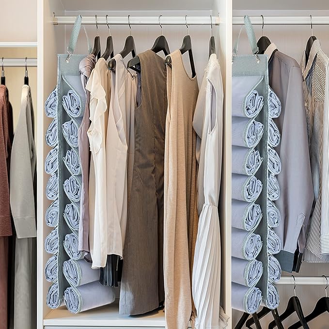 DHSFKBE Legging Organizer Storage - 2PCS T Shirt Organizer, Hanging Closet Organizers and Storage with 16 Roll Independent Compartments for Yoga Pants, Towel, Bathing Suit (Grey)
