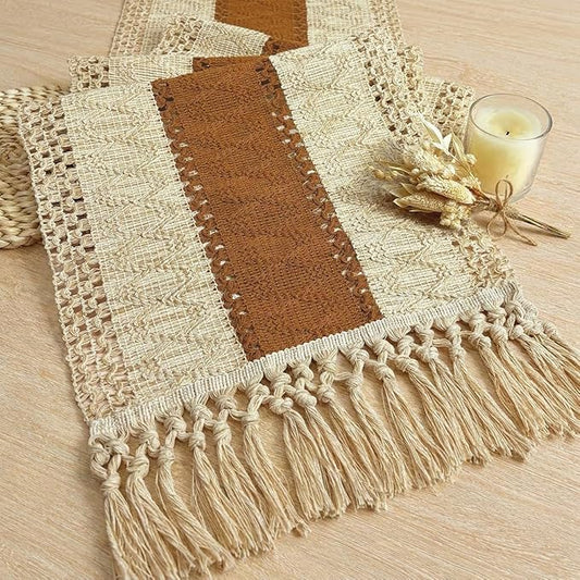 FEXIA Table Runner 90 Inch Thanksgiving Decor with Tassels for Boho Macrame Farmhouse Style, Party Wedding Bridal Shower Decor, Brown (12x90 Inches)