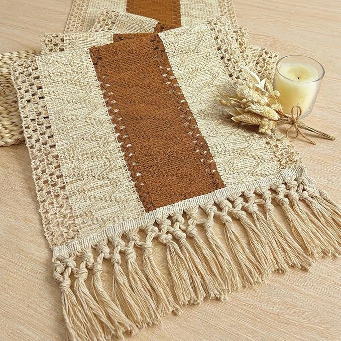 FEXIA Boho Table Runner for Home Decor with Tassels 108 Inches Long,Caramel Farmhouse Rustic Table Runner Macrame Burlap Table Decoration for Living Room Bridal Shower(12x108 Inches)