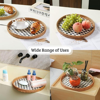 Round Rattan Tray with Mother of Pearl Inlay, Decorative Wicker Serving Tray with Wooden Base, Woven Basket Trays for Bread Fruits Coffee, Checkered