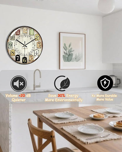 Decorative Wall Clocks Batterys Operated, Retro Wall Clock with Glass Dial, 12-Inch Dial with Roman Numerals, Silent and No Ticking, Suitable for Living Room, Bedroom, Dining Area, Workspace