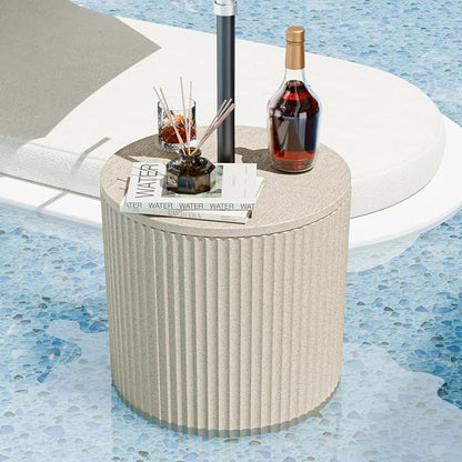 Outdoor Umbrella Stand with Hole, in Pool Umbrella Stand with Weighted Water Filled Bladder, Fluted Vertical Ribbed Design, All Weather Umbrella Side Table Base, Patio Umbrella Base, Beige