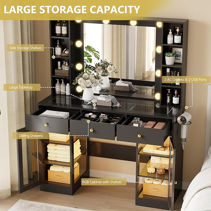 Makeup Vanity Desk with Mirror and Lights, Glass Top Vanity Table Set with Drawers & Power Outlet, Large Dressing Table with 3 Color Lighting Modes & RGB Cabinets for Women Girls Kids Bedroom, Black