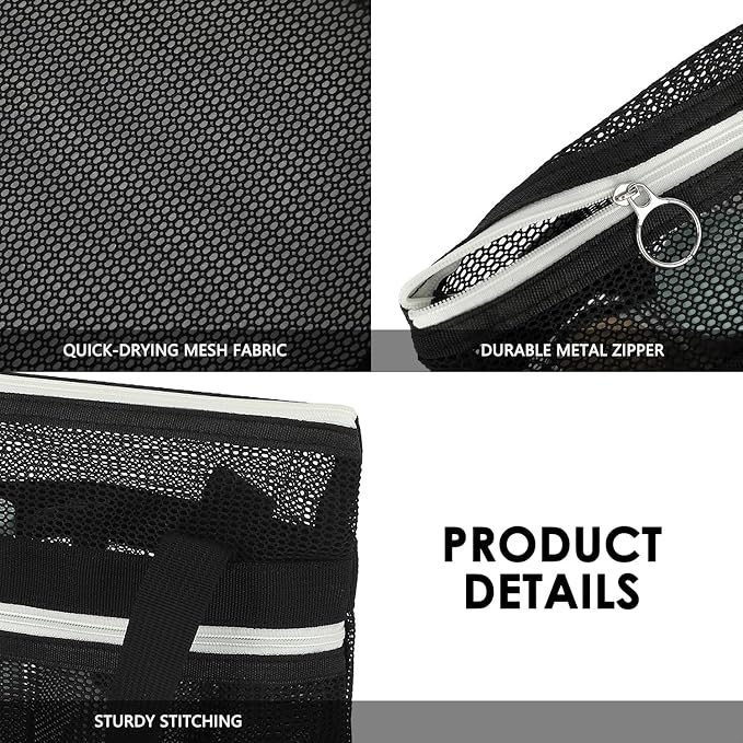 GYEUKHAM Mesh Shower Bag with 2 Zipper Pockets & Dual Handles, Quick-Drying Hanging Shower Caddy for College Essentials,Sunscreen,Dorm, Gym, Travel & Camping, Black