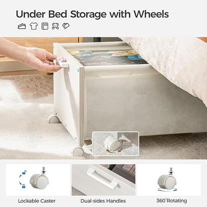 FOUCSSOMEI Under Bed Storage with Wheels, Wooden Under Bed Drawers On Wheels, Rolling Under Bed Shoe Storage, Space Saving,White,Quadruple Size,90L