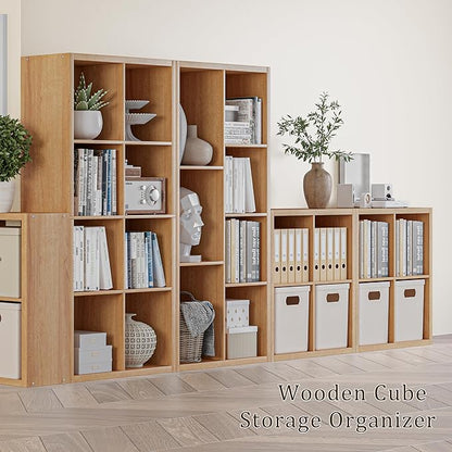 Cube Storage Organizer Bookcase, Decorative 11 inch Open Back Cubical Shelf with Thickened Border, Display Bookshelf for Living Room, Home Office, Sturdy Room (Natural Oak, 7 Cube)
