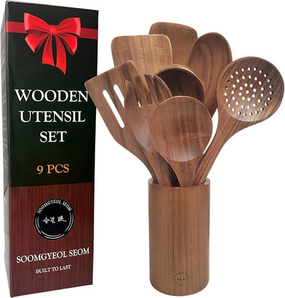 SOOMGYEOL SEOM 9-Piece Teak Wood Cooking Utensil Set with Holder | Wooden Spoons and Spatulas, Countertop Organizer, Heat Resistant, Kitchen Tools