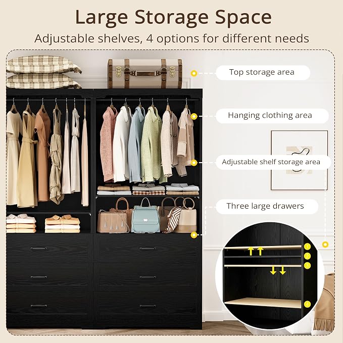 IRONCK Freestanding Closet System with 3 Wood Drawers, 31.5" Black | Modern armoire wardrobe with adjustable shelves & hanging rod, walk-in closet organizer for small spaces, space-saving design