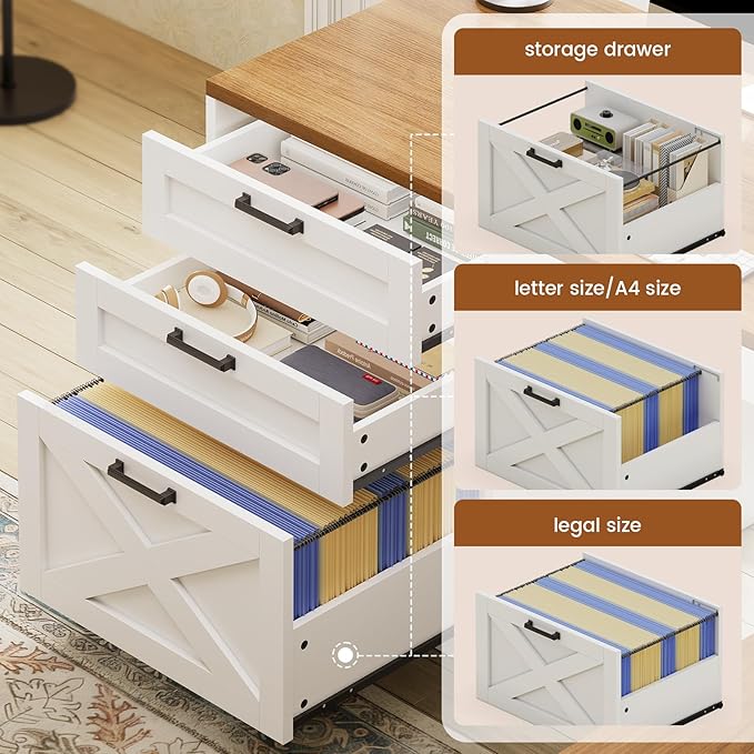 SEDETA 67" Farmhouse L Shaped Desk with Hutch, Home Office Desks with Drawers & Sliding Doors, Corner Computer Desk with Storage Shelves & Power Outlets, Executive Desk with LED Lights, White