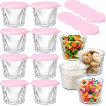 8 Sets Small Glass Bowls with Pink Lids 6.8oz Ribbed Clear Glass Containers Stackable Dessert Custard Pudding Cups Condiment Bowls for Sauces Dips Nuts Oats Candy Dessert Cereal