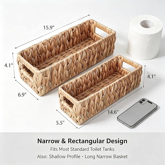Wicker Toilet Tank Basket, Natural Rectangle Water Hyacinth Storage Baskets, Handwoven Rattan Paper Baskets Organizer with Handles for Bathroom, Kitchen, Living Room Decor, 2-Pack