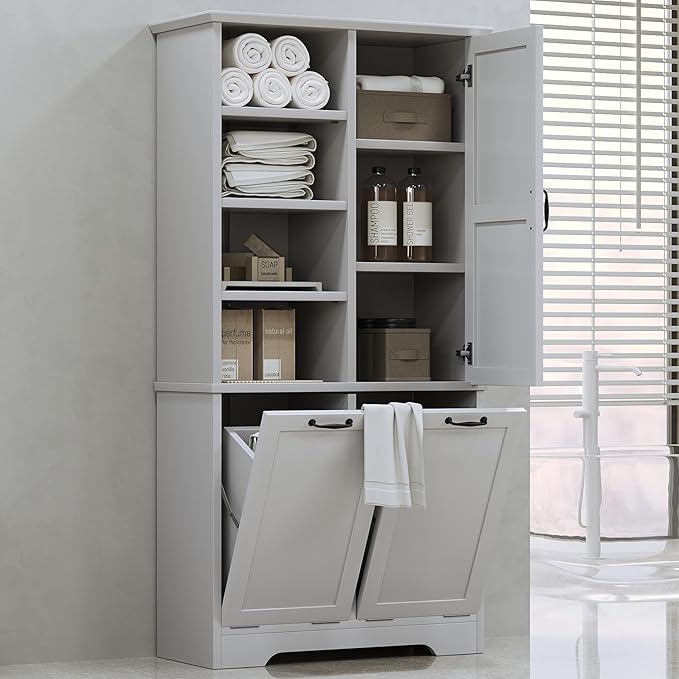 Merax Cabinet with Tilt-Out Laundry Hamper Basket, Tall Bathroom Storage Organizer Linen with Open Shelf for Home, Freestanding, Gray