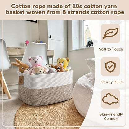 Goodpick Woven Storage Basket, 22”x17”x12” Large Blanket Storage for Living Room, Rope Baskets for Organizing, Rectangle Nursery Toy Box With Handles, Brown and White