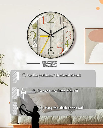 Decorative Wall Clocks Batterys Operated, Retro Wall Clock with Glass Dial, 12-Inch Dial with Roman Numerals, Silent and No Ticking, Suitable for Living Room, Bedroom, Dining Area, Workspace