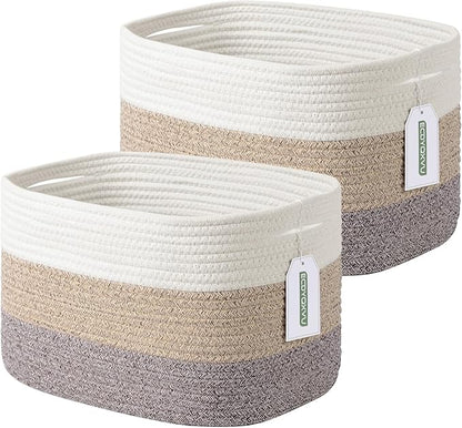 Cotton Rope Storage Basket, 15x10x9 Inches, Woven Basket for Shelves, Clothes, Towels, Books, and Laundry, White Brown (2 Pack)