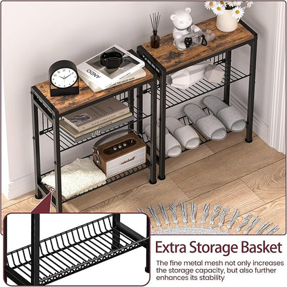 Narrow Side Table for Small Space, 3-Tier End Table with Magazine Holder,Slim Nightstand with Wire Shelf, Skinny Bedside Table in Living Room, Bedroom, Study, kitchen and Balcony (Rustic Brown)