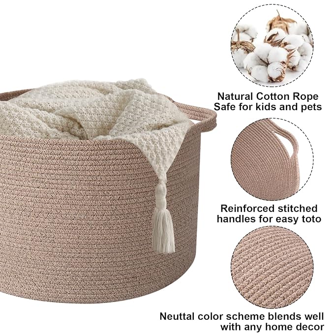 90L Extra Large Blanket Basket,Woven Rope Laundry Basket Hamper with Handles, Decorative Nursery Basket Storage Bin for Toys, Clothes Organizer, Living Room, Bedroom, Bathroom, Brown