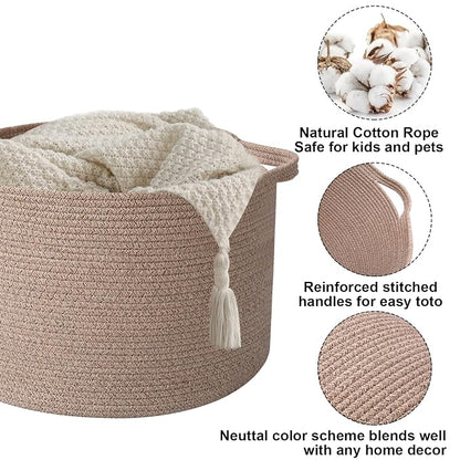 90L Extra Large Blanket Basket,Woven Rope Laundry Basket Hamper with Handles, Decorative Nursery Basket Storage Bin for Toys, Clothes Organizer, Living Room, Bedroom, Bathroom, Brown