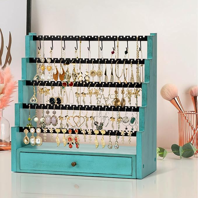 Pinzoveco Earring Organizer, 5 Layer Earring Holder Organizer with Necklace Holder Pole, Rustic Wood Jewelry Organizer Stand Display for Stud Earring Bracelet Necklace Ring, 175 Earring Holes
