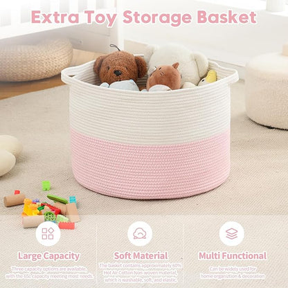 Foldable Laundry Hamper Basket with Collapsible Handle Cotton Rope Soft Woven Fabric Storage Organizer Clothes Toys Nursery Bedroom Dorm Space Saving Bin (White & Pink, 80L(21.7"D x 13.8"H))