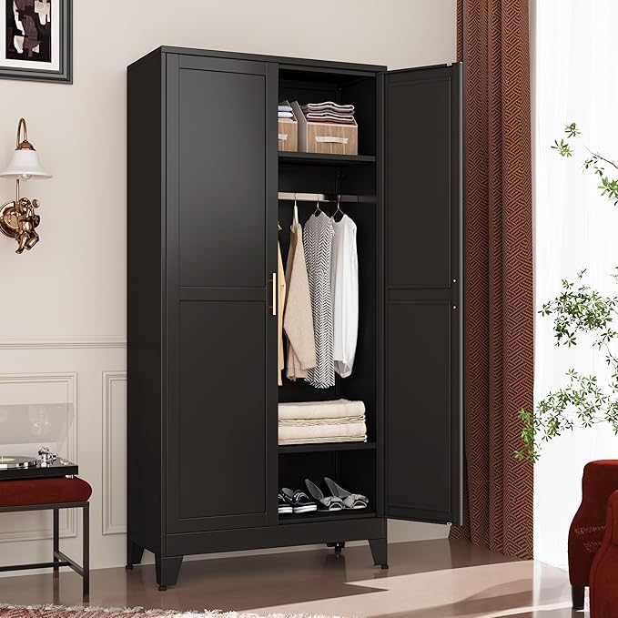 Metal Wardrobe Cabinet with Hanging Rod, 71" Metal Clothing Storage Cabinets with 2 Doors and Adjustable Shelves, Black Armoire Wardrobe Closet for Bedroom, Laundry Room, Cloak Room