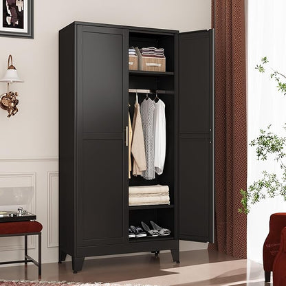 Metal Wardrobe Cabinet with Hanging Rod, 71" Metal Clothing Storage Cabinets with 2 Doors and Adjustable Shelves, Black Armoire Wardrobe Closet for Bedroom, Laundry Room, Cloak Room