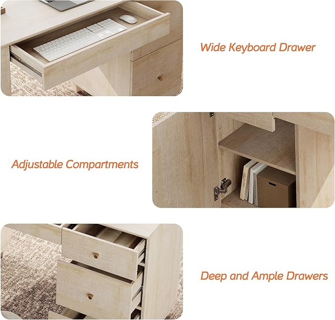 WAMPAT Executive Desk with Drawers & Storage Cabinet, 58 Inch Modern Wooden Office Desk with Charging Station & Keyboard Tray, Home Office Large Computer Desk, Work & Study Writing Desk, Light Oak