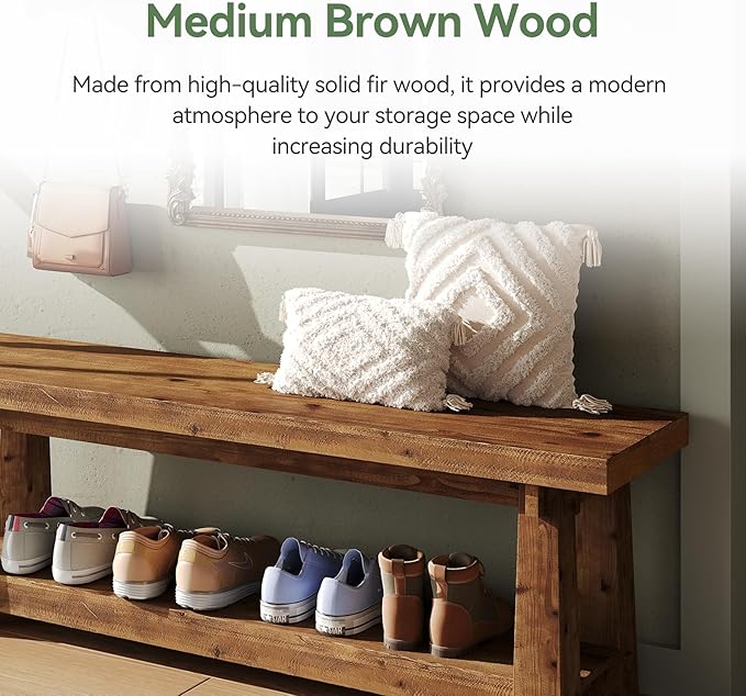 55" Solid Wood Entryway Bench with Shoe Storage, Rustic Hardwood Finishes Foyer Bench with Open Shelf for Hallway, Mudroom, Bedroom, Easy Assembly