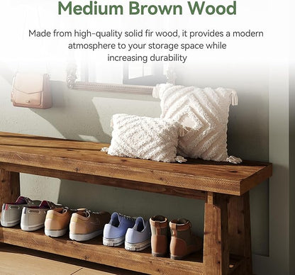 55" Solid Wood Entryway Bench with Shoe Storage, Rustic Hardwood Finishes Foyer Bench with Open Shelf for Hallway, Mudroom, Bedroom, Easy Assembly