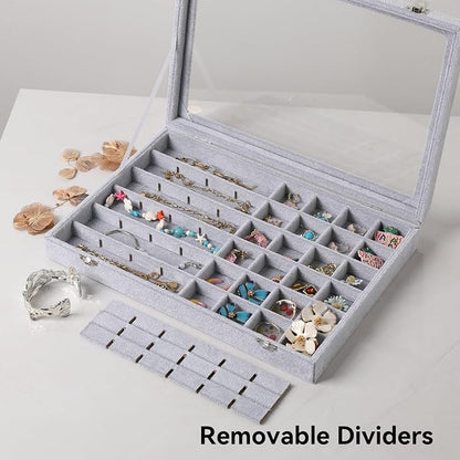 Frebeauty 48 Grid Jewelry Tray,Adjustable Earring Holder Organizer with Glass Lid,Velvet Drawer Jewelry Organizer for Rings,Studs,13.8 x 9.5 x 2 Inches Jewelry Display Box,Gift for Women(Grey)
