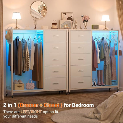 Cyclysio Dresser with Hanging Rack, 5 Fabric Drawers Dresser with Clothes Rack, Wooden Top Storage Chest of Drawers with Charging Station & LED Lights, Lockable Wheels, Closet