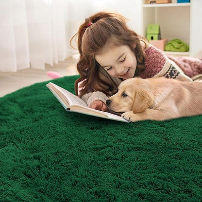 OLANLY Dark Green Round Rugs for Bedroom - Machine Washable, 8 ft Circle Area Rugs for Living Room, Soft and Fluffy Shaggy Carpet for Teen Girls and Boys, Nursery Rooms, Dorms, Home Decor Aesthetic