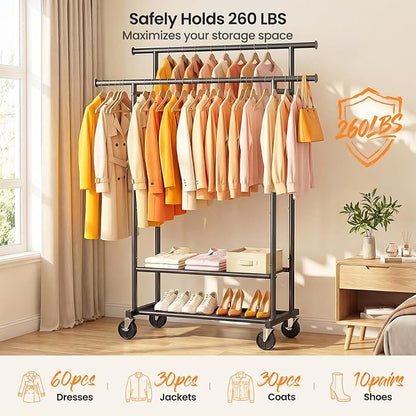Double Rods Clothes Rack, Rolling Clothing Rack for Hanging Clothes Closet Rack with Wheels, Metal Portable Garment Rack with Double Shelves for Bedroom Laundry Living Room, Black