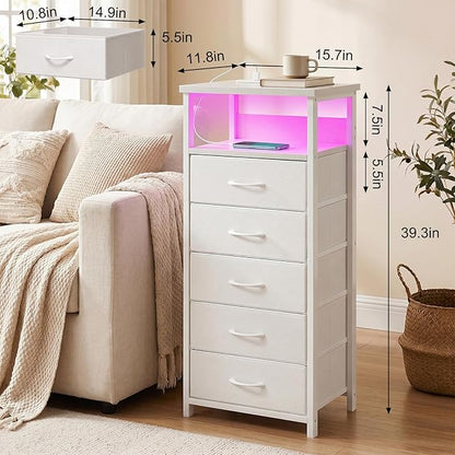 Fixwal Tall Nightstand with Charging Station and LED Lights, Night Stand with PU Finish Fabric Storage Drawers, 5 Drawer Dresser, White