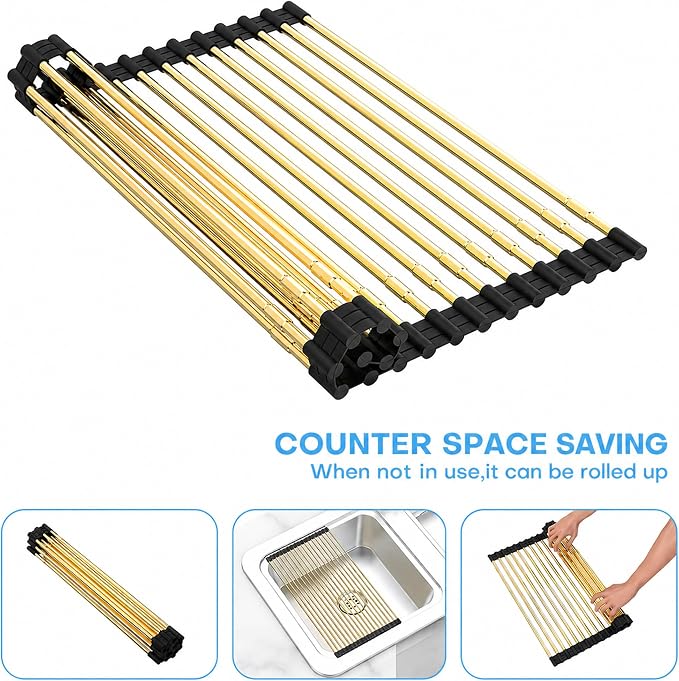 Expandable Roll Up Dish Drying Rack, Adjustable Large Over The Sink Rack Draining Rack (Max Extends to 21.25”) for Stainless Steel Sink Rack, Collapsible Rolling Up Rack 18 Tube for Kitchen, Gold
