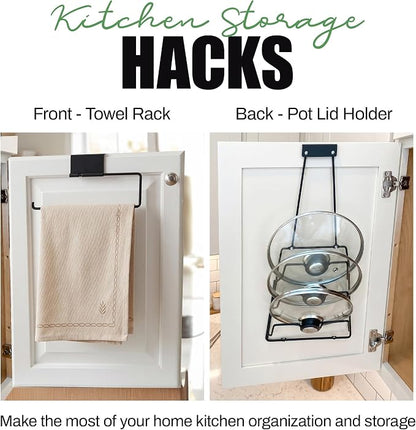 Evelots 2-in-1 Pot Lid Organizer with Towel Holder - 2 Pack, 3-Tier Cabinet Door Rack - Space-Saving Kitchen Organizer for Glass or Metal Pan Lids & Towels - Over the Door Design - Black