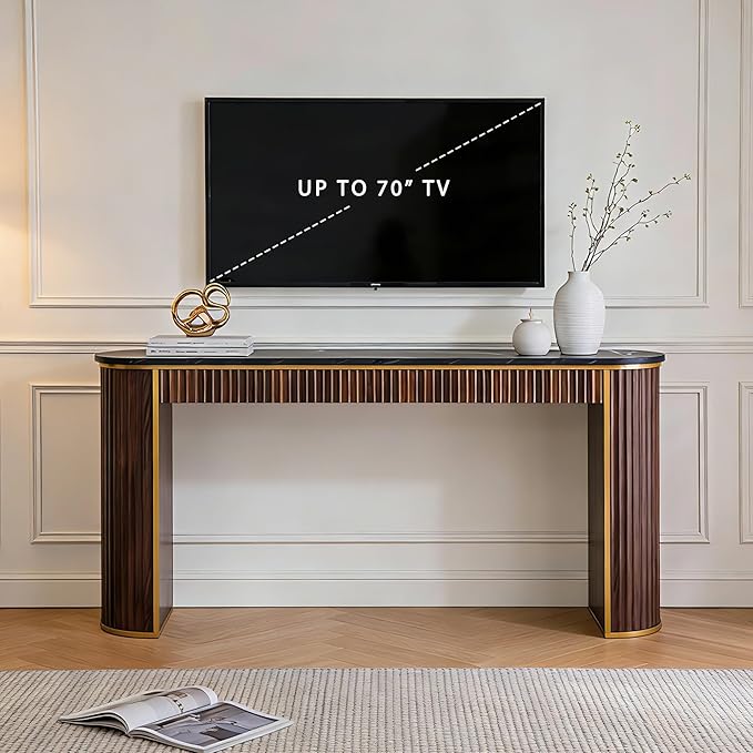 OKD Modern Fluted Console Table, 63" Long Narrow Entryway & Sofa Tables for Hallway, Tall Accent Table Behind Couch for Foyer Living Room, Dark Walnut