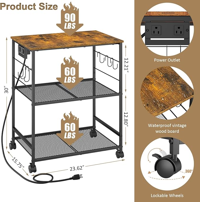 ThreeHio Rolling Kitchen Microwave Cart with Power Outlet, 3 Tier Microwave Table Stand with Storage, Kitchen Utility Cart on Wheels, Small Coffee Cart Shelf Rack Organizer for Living Room Office