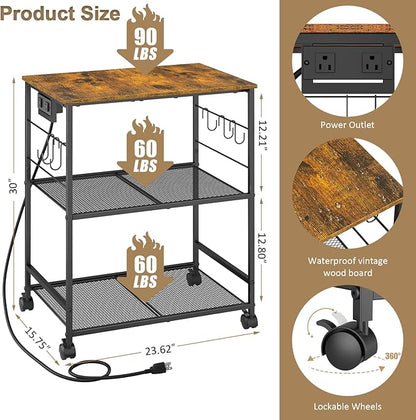 ThreeHio Rolling Kitchen Microwave Cart with Power Outlet, 3 Tier Microwave Table Stand with Storage, Kitchen Utility Cart on Wheels, Small Coffee Cart Shelf Rack Organizer for Living Room Office