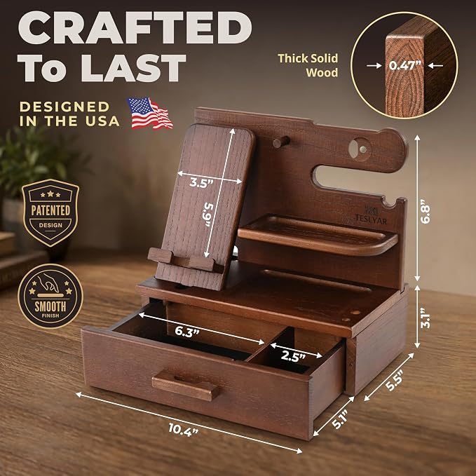 TESLYAR Wood Phone Docking Station with Drawer - Nightstand Organizer - Desk Organizer for Husband - Birthday Gifts for Men, Dad, Anniversary Idea, Key Holder Stand Watch & Accessories (Bourbon Brown)